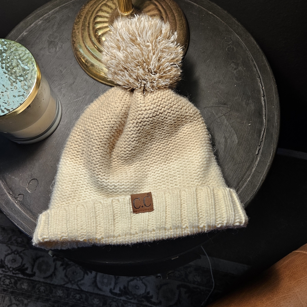 CC Boutique Cream Knit Beanie with Pom Pom